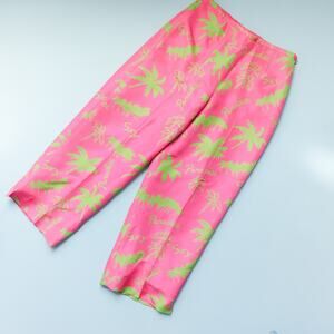 Silk Club Vintage 100% Silk Hot Pink Green Eclectic Print Trouser Pants Size 8